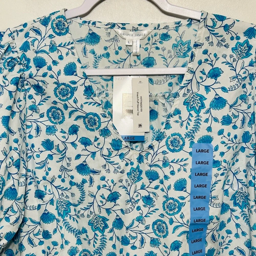 New! Draper James Paisley Floral Puff Sleeve Pullover Blouse Womens Size Large